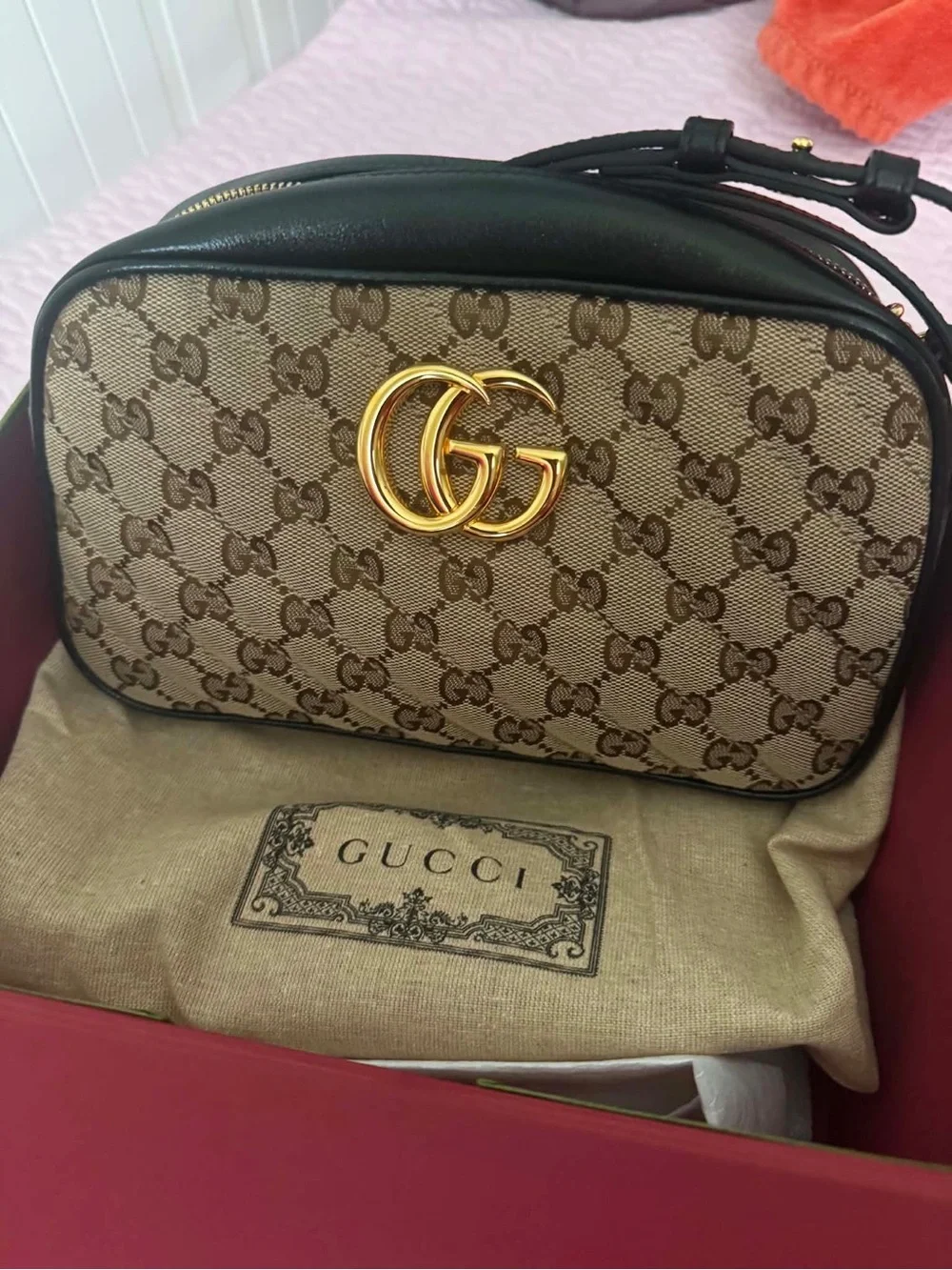 Gucci Brown GG Canvas Crossbody Bag with Black Leather Trim